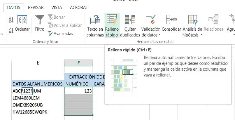 ventana con vista de ejemplo del uso de la función de relleno rápido en Excel