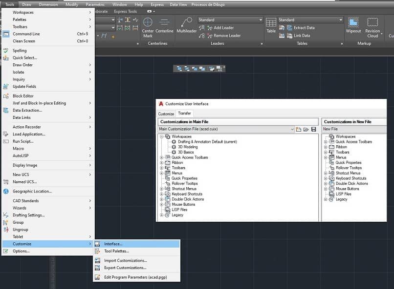 barra degli strumenti del programma autocad